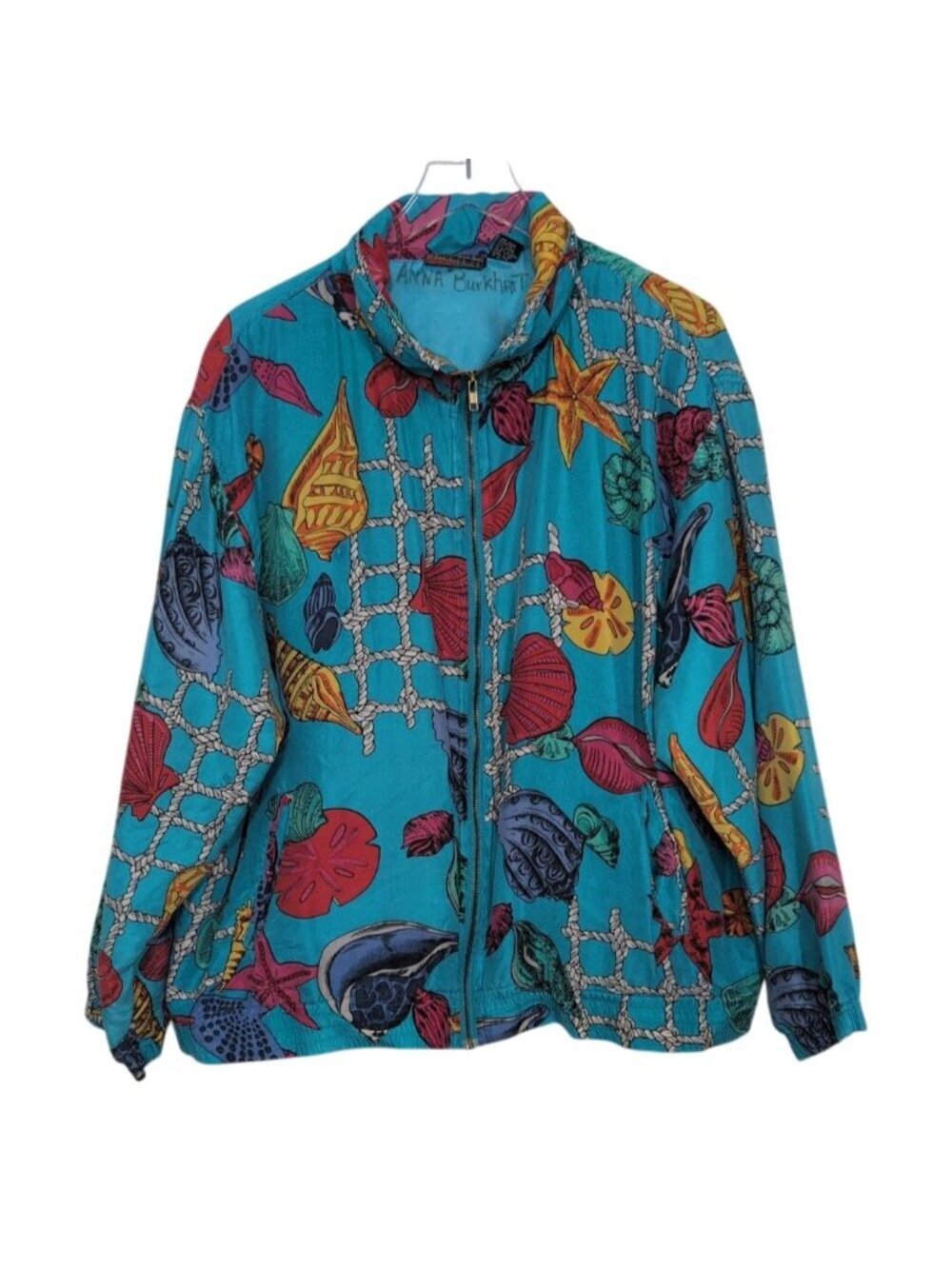 Vintage Silk Seashell Bomber Jacket Womens Size XL Blue Nautical Lightweight Zip